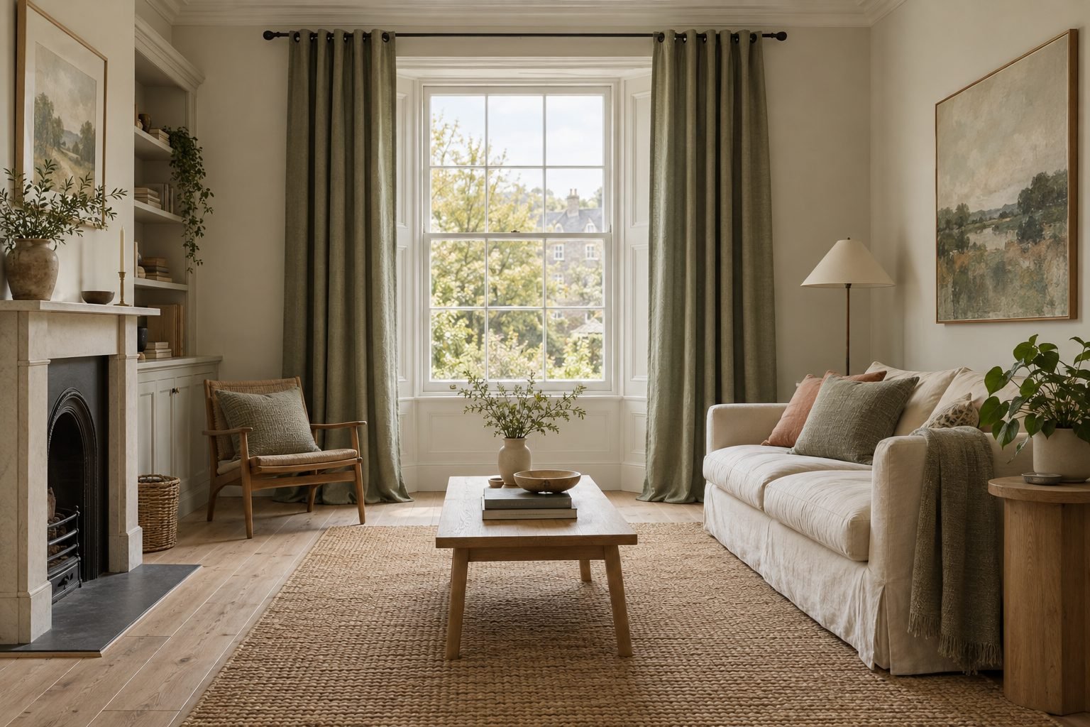 Curtain size calculator: floor-length sage linen eyelet curtains on a black pole fitted well above a sash window and extending past it on both sides