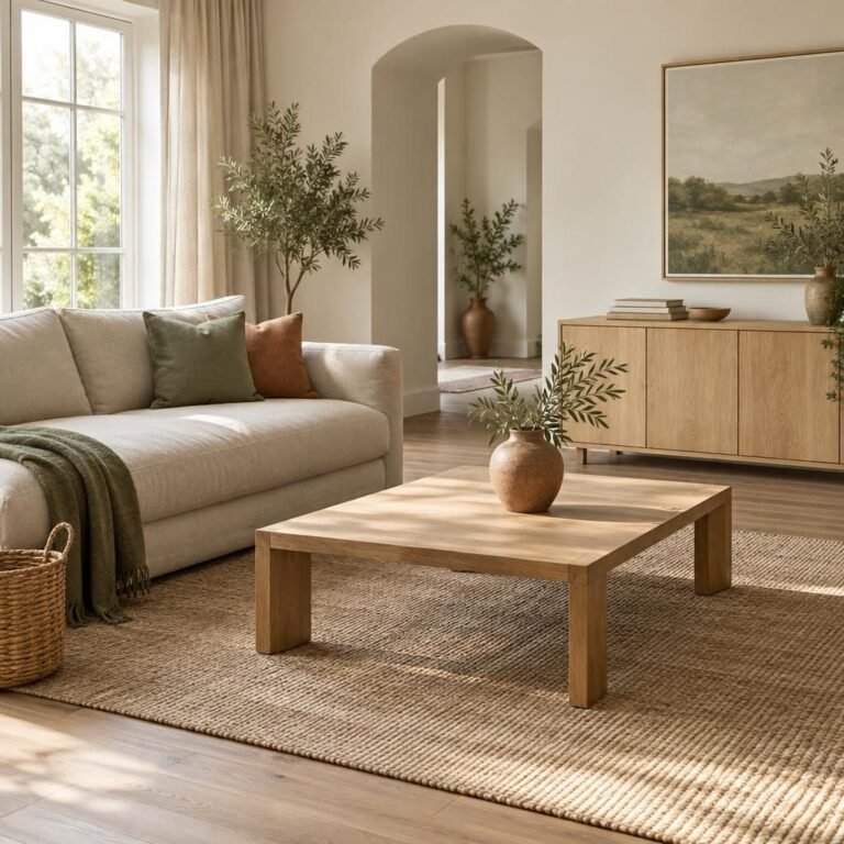 How to declutter your home: calm living room with a clear coffee table, a linen sofa, a low wooden sideboard and open floor space