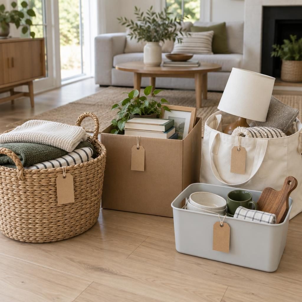 Four-box method for decluttering: a woven basket, cardboard box, canvas tote and bin with blank tags holding sorted clothes, books and kitchen items