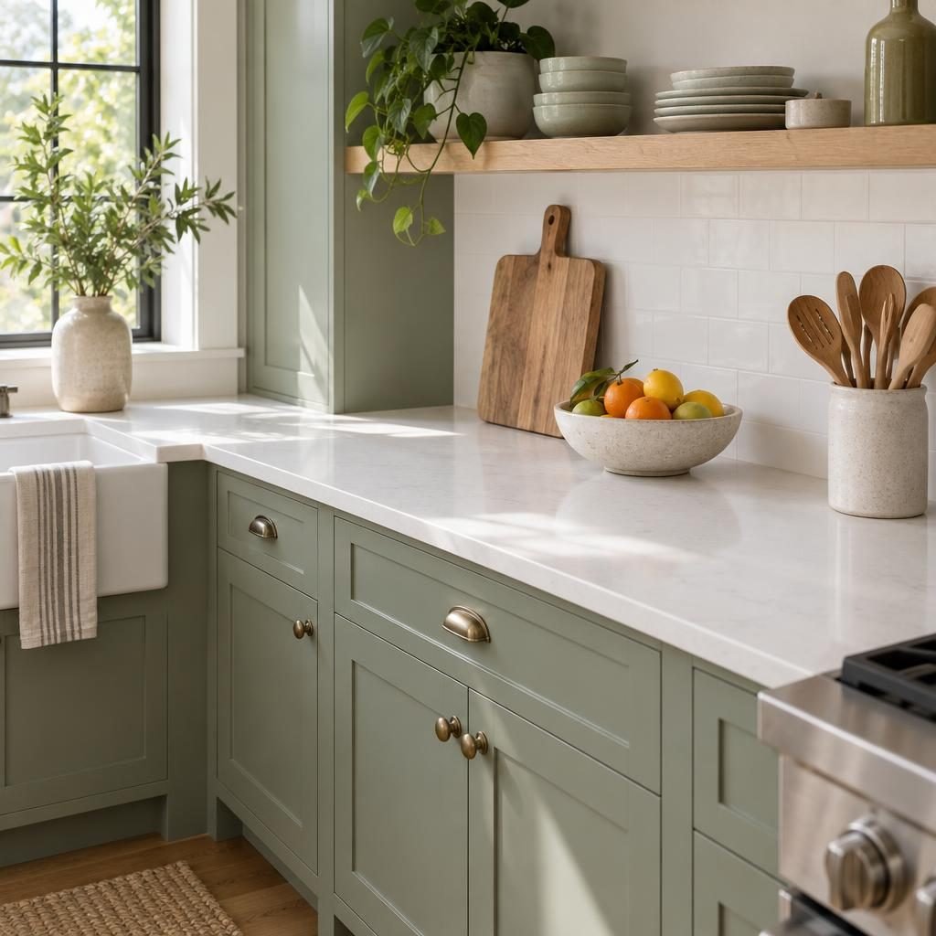 Decluttered kitchen counter with only a cutting board, a fruit bowl and a crock of wooden utensils next to sage green cabinets