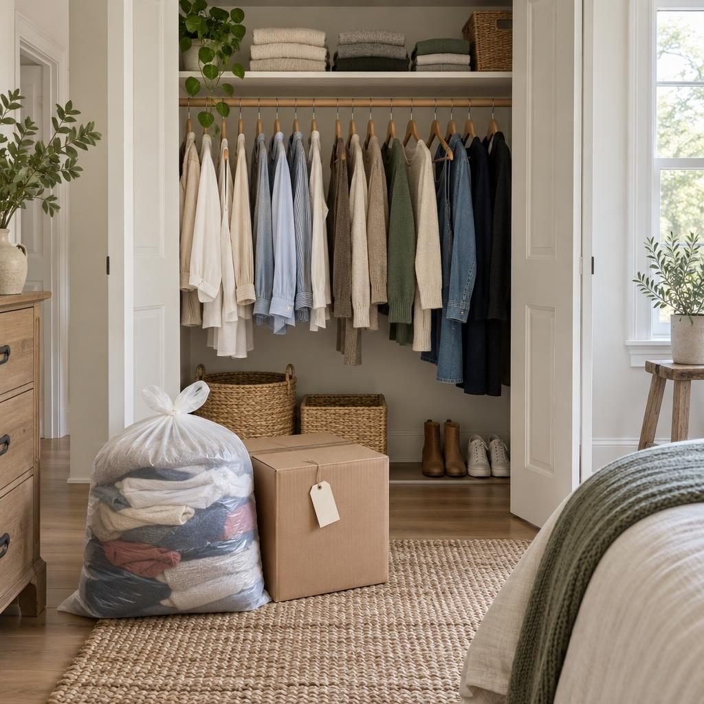 Decluttered bedroom closet with clothes on matching hangers and a bag of clothes and a box ready for donation on the floor