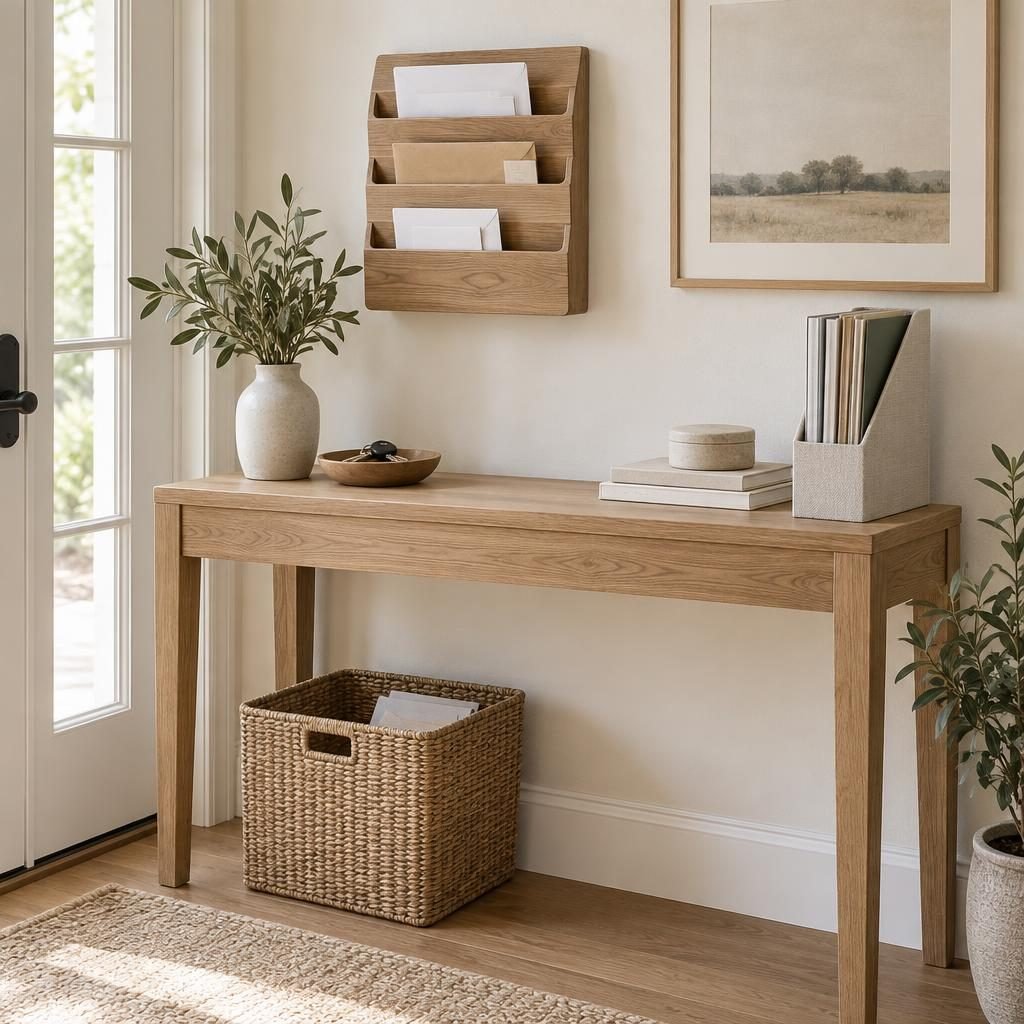 Paper and mail station on an entryway console with a wall mail sorter, a key tray, a magazine file and a basket underneath