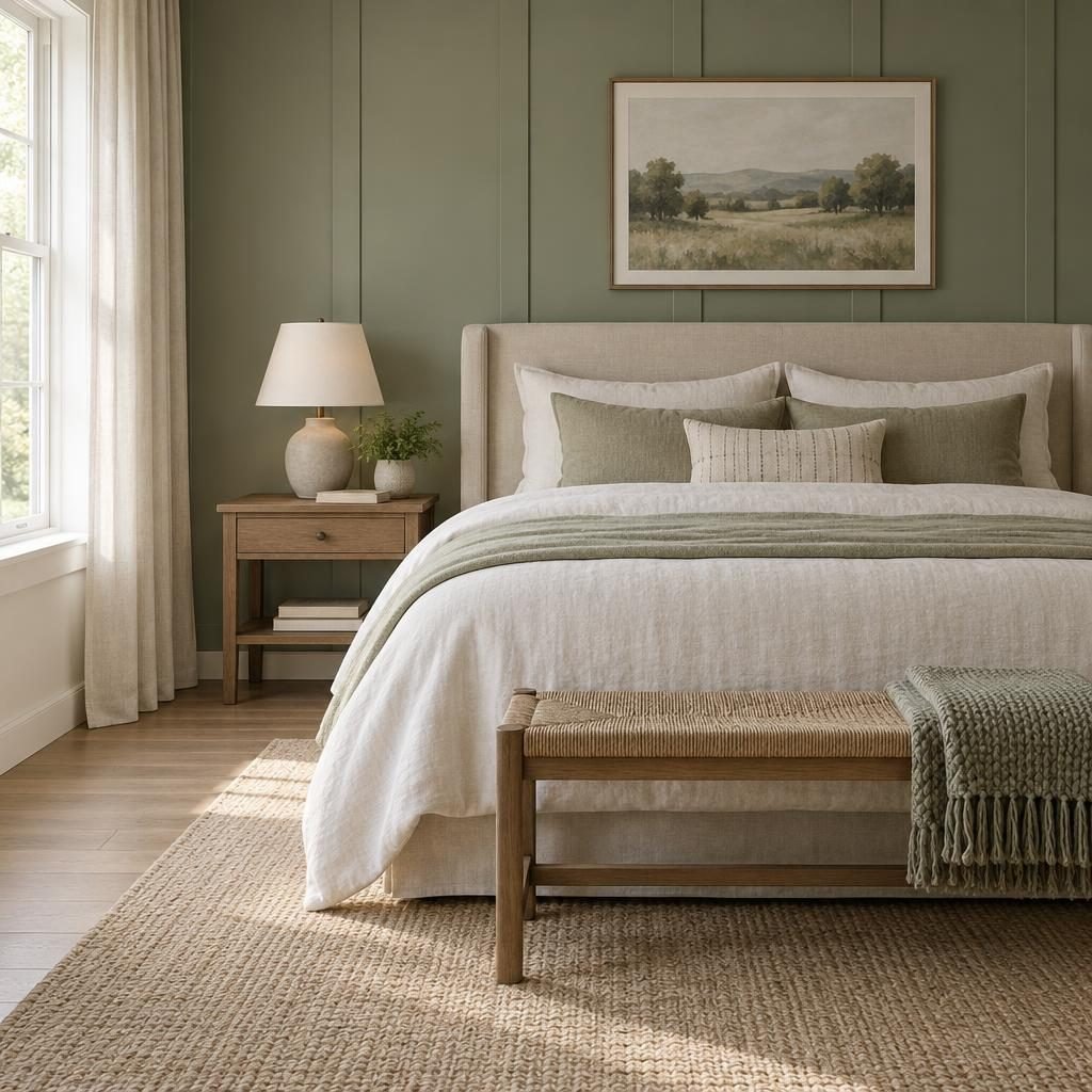 Decluttered bedroom with a neatly made bed, a nightstand with only a lamp and a book, and a bench with one folded throw