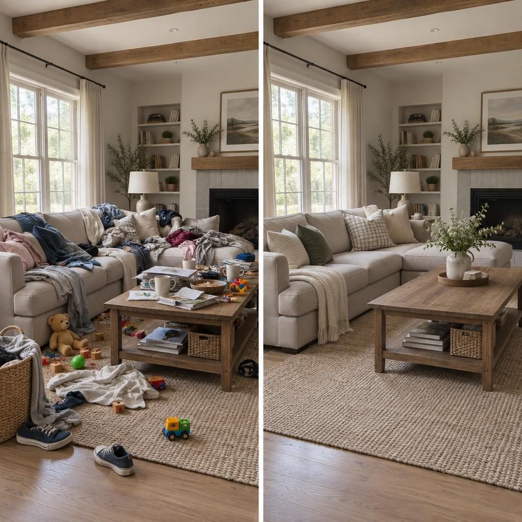 Living room before and after decluttering: clothes, toys and papers everywhere next to the same room with clear surfaces and floor