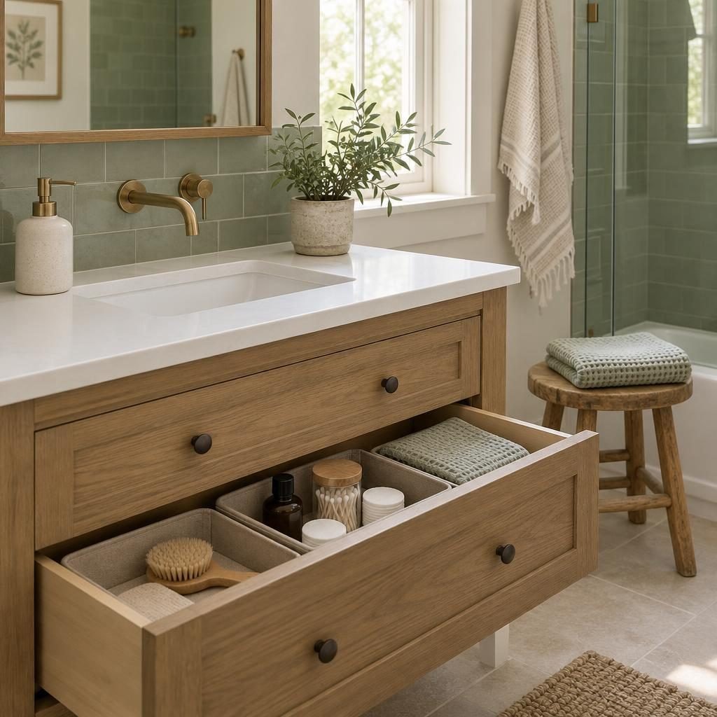 Decluttered bathroom vanity with a clear countertop and an open drawer of toiletries sorted into small bins