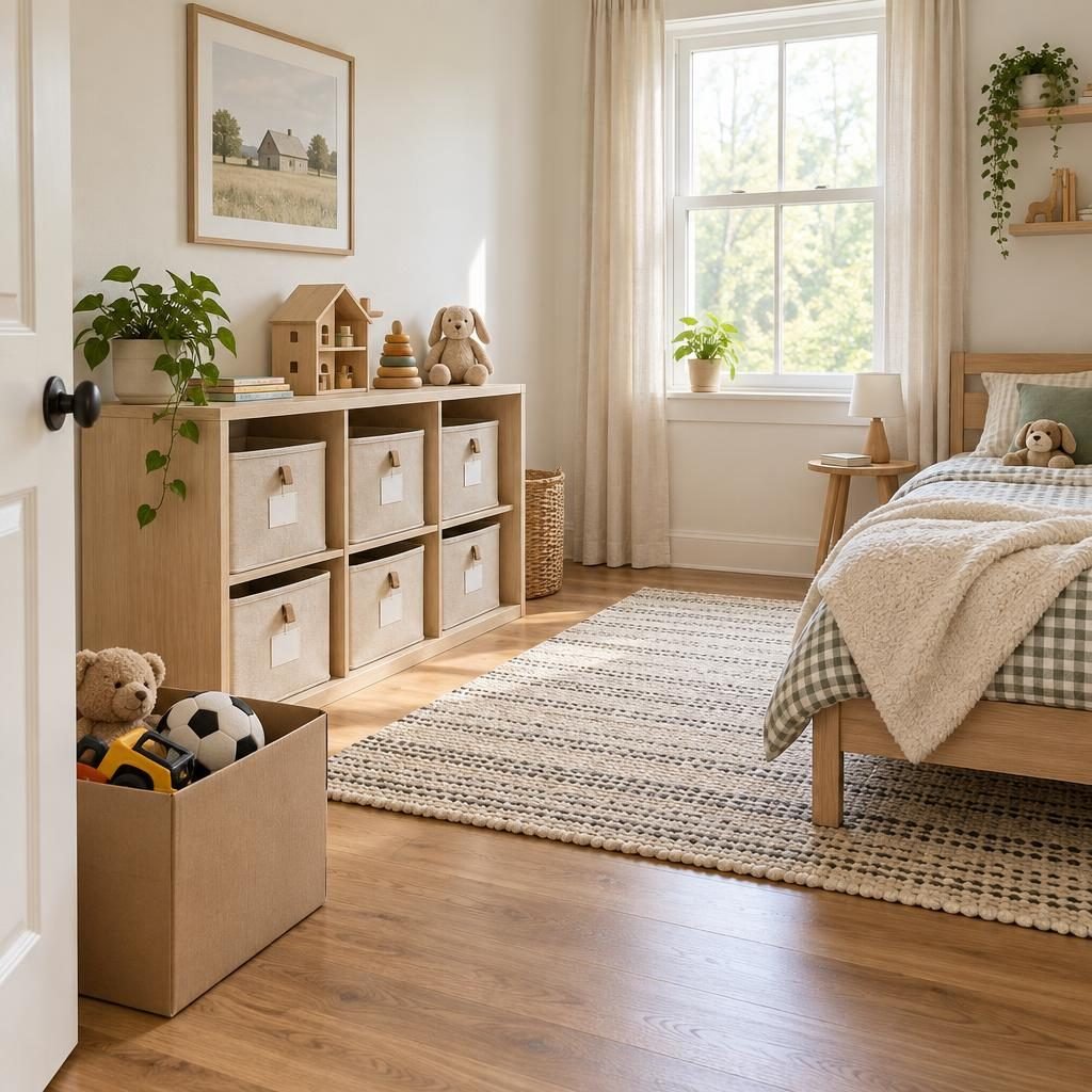 Decluttered kids room with a low shelf of labeled fabric bins, a clear rug and a box of outgrown toys by the door
