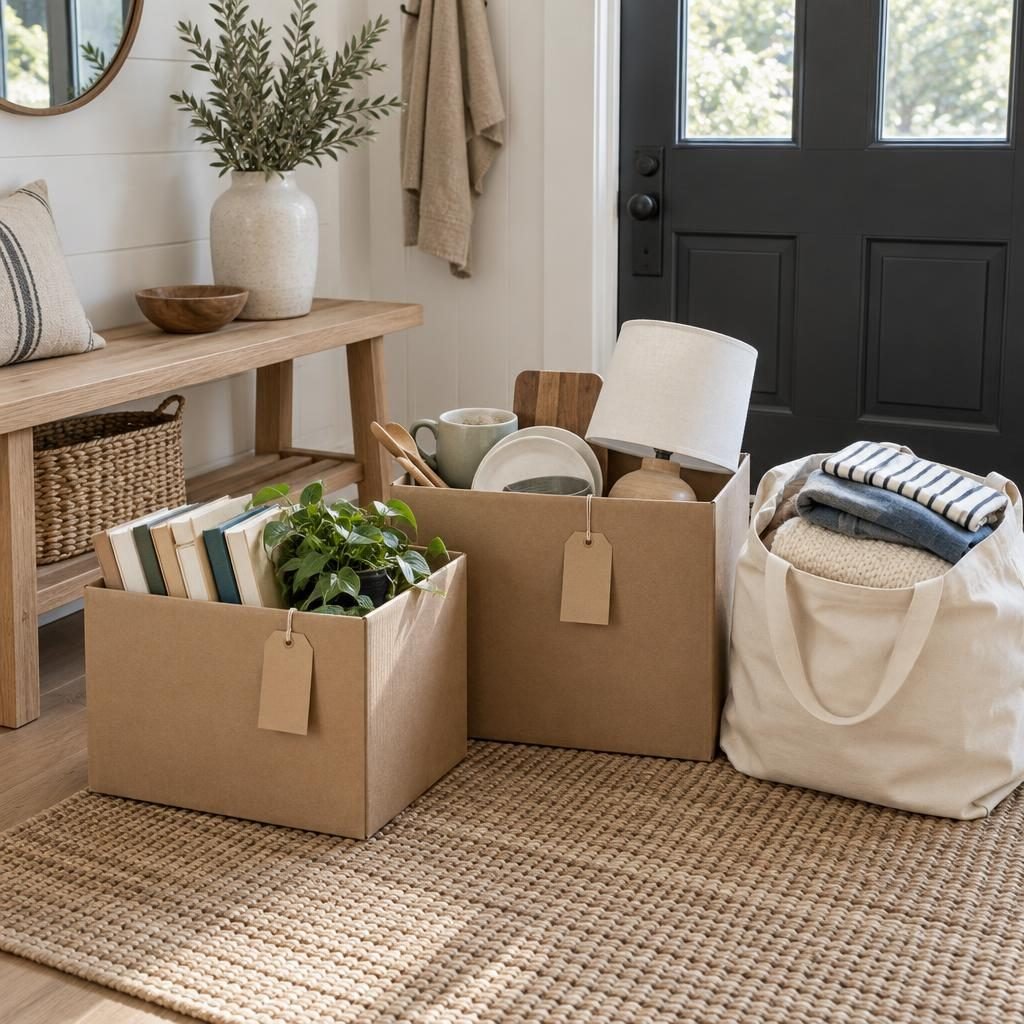 Donation boxes and a bag of clothes packed and ready by the front door after decluttering the home