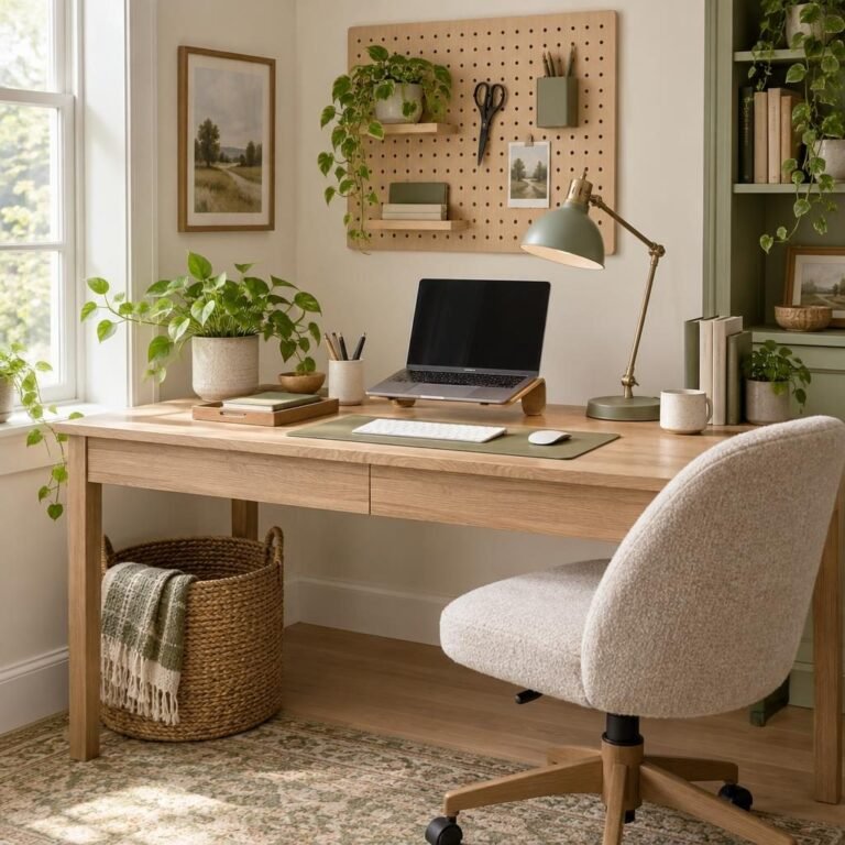 Desk organization ideas: calm home office desk by a window with a laptop on a stand, a pen tray, a lamp, plants and a pegboard on the wall