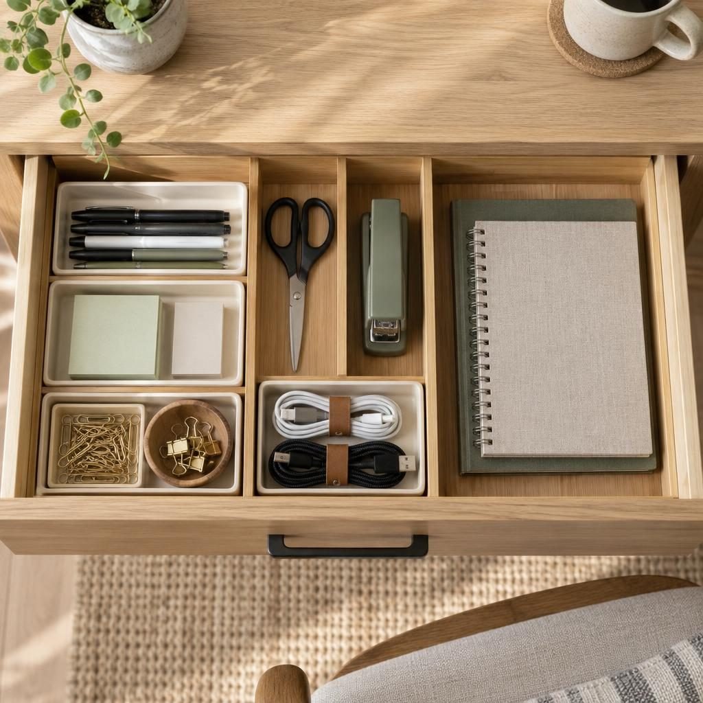 Open desk drawer organized with bamboo dividers and trays holding pens, scissors, a stapler, sticky notes, clips, wrapped cables and a notebook
