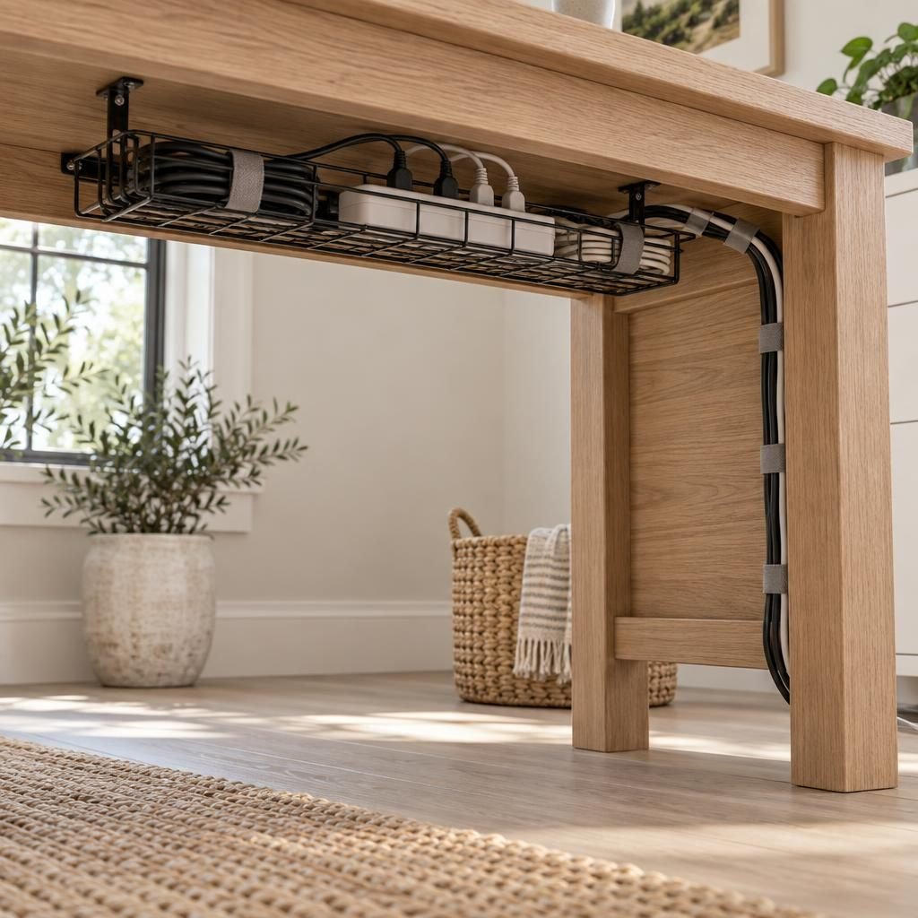Under-desk cable management with a metal cable tray holding a power strip and cables bundled down one desk leg