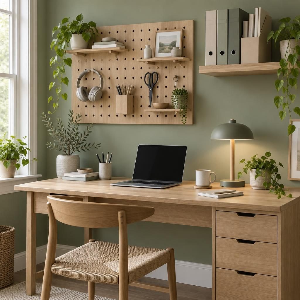 Pegboard above a home office desk with small shelves, headphones, scissors, pen cups and a floating shelf with magazine files