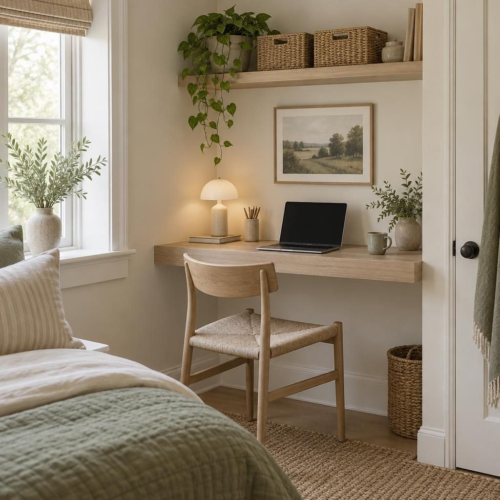 Small desk ideas: narrow floating wall desk in a bedroom corner with a chair, lamp, laptop and a shelf with baskets above