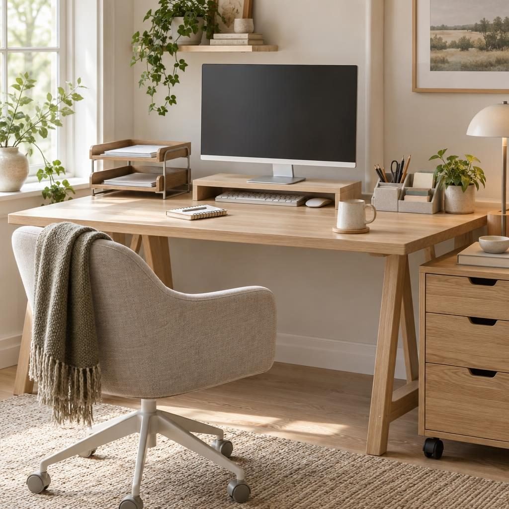 Office desk organization with a monitor on a wooden riser, a two-tier document tray, a pen organizer and a rolling drawer cart