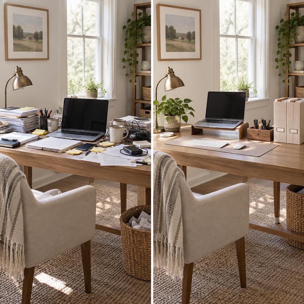 Desk before and after: a cluttered desk with papers, cables and mugs next to the same desk organized with a laptop stand and file holders