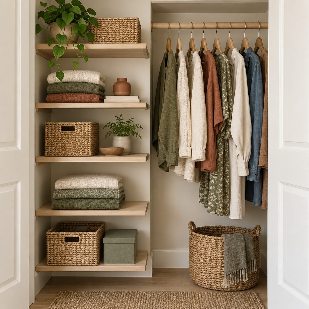 DIY closet shelves: a reach-in closet with light oak shelves on one side holding folded sweaters and woven baskets, and a wooden hanging rod with clothes on wooden hangers