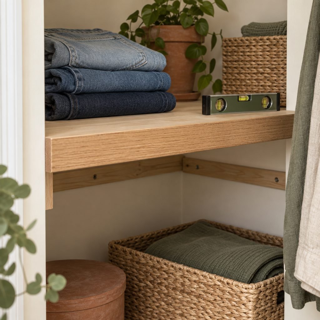 Close-up of a DIY closet shelf with a solid oak front edge resting on wood cleats screwed to the wall, with folded jeans and a small level on top