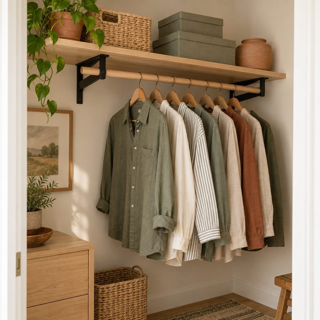 DIY closet shelf and rod on matte black shelf-and-rod brackets holding an oak shelf with storage boxes and a wooden rod of shirts on wooden hangers