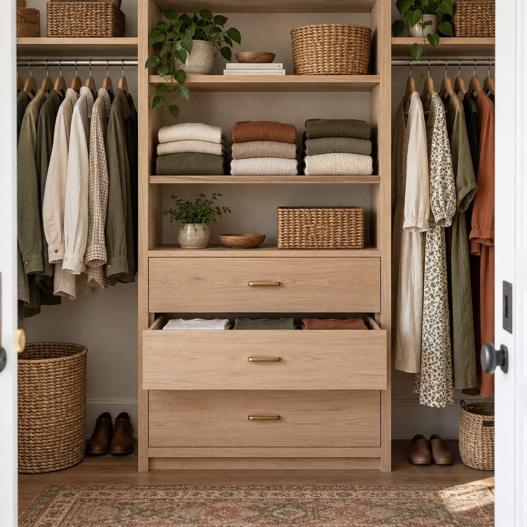 DIY closet shelving tower with open oak shelves of folded sweaters and baskets above three wide drawers, one open with folded t-shirts, between two hanging sections