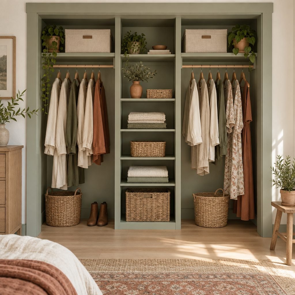 Budget DIY built-in closet painted sage green with a center shelf tower, face frame trim, two hanging rods with clothes and linen boxes on the top shelves