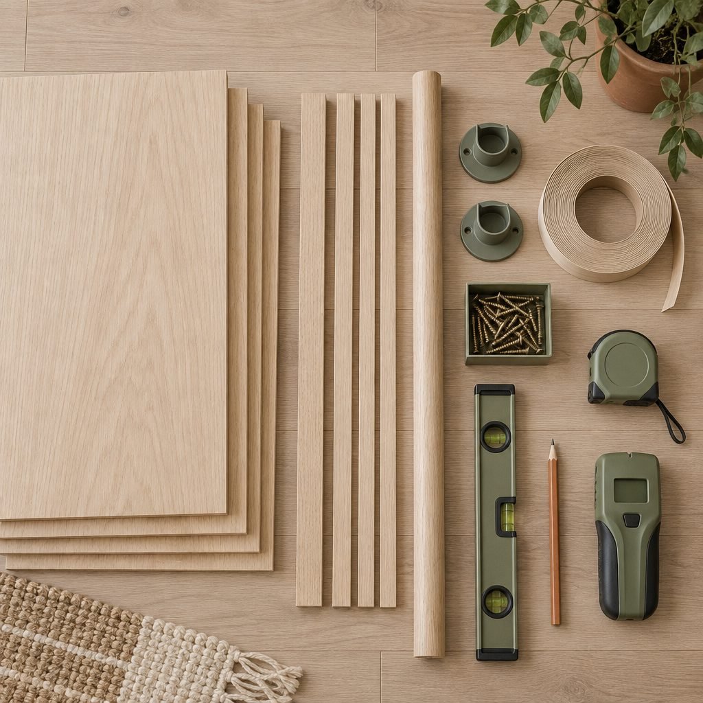 Flat lay of materials for DIY closet shelves: oak plywood boards, wood cleat strips, a wooden closet rod with two rod sockets, edge banding, screws, a level, a tape measure, a pencil and a stud finder