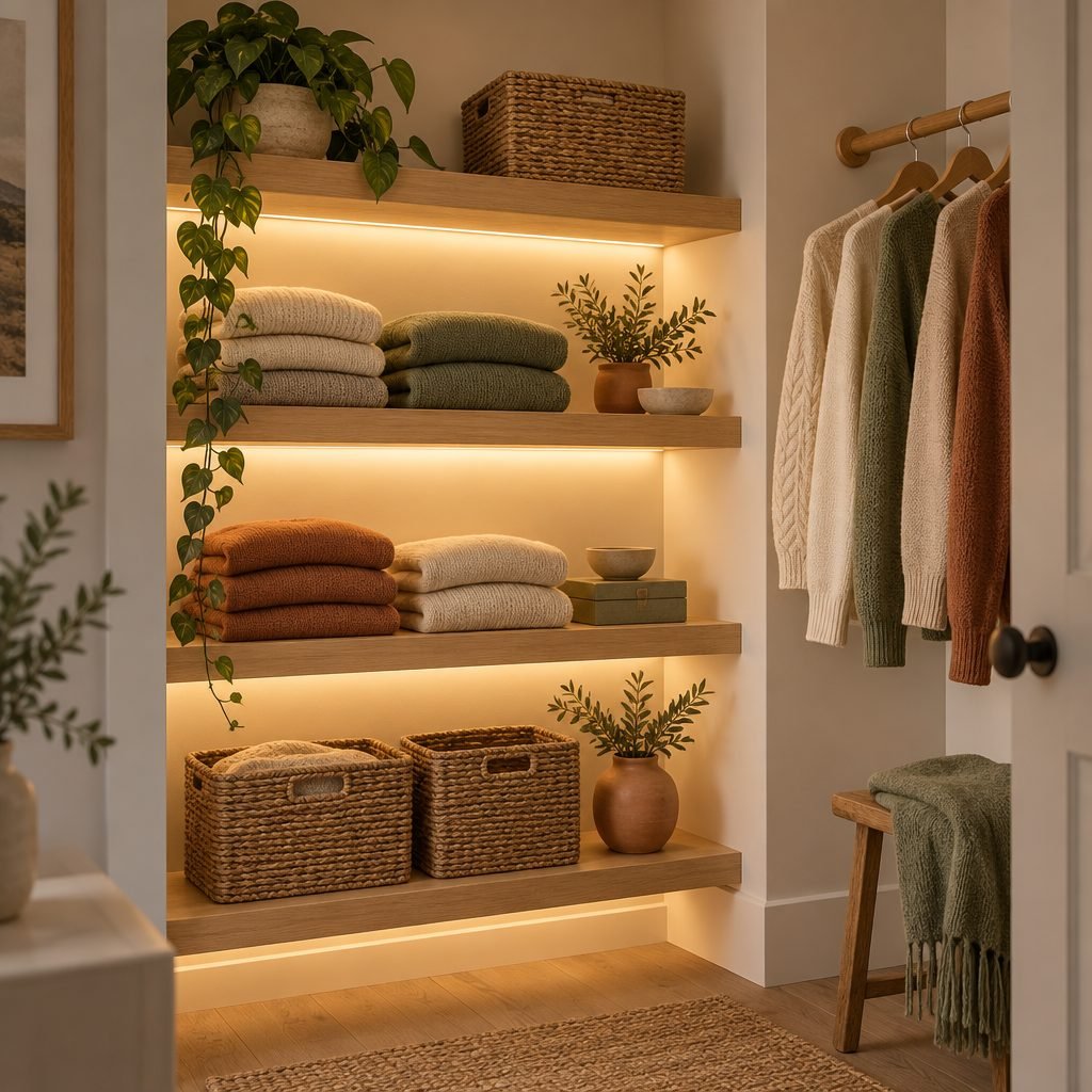 Floating oak shelves in a closet nook with warm LED strips glowing under each shelf, folded knitwear and woven baskets, and a short wooden rod of sweaters on the side wall
