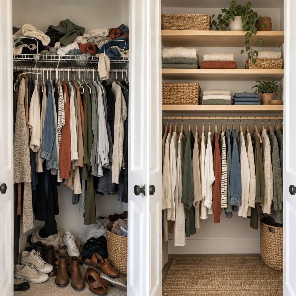 Closet before and after: a white wire shelf piled with clothes and shoes on the floor next to the same closet with oak DIY shelves, baskets, a wooden rod and a clear floor