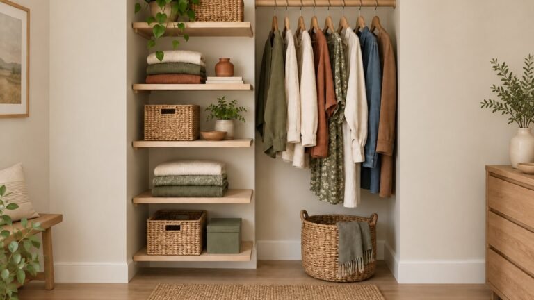 DIY closet shelves: open alcove with light oak shelves of folded sweaters and baskets beside a wooden hanging rod with clothes