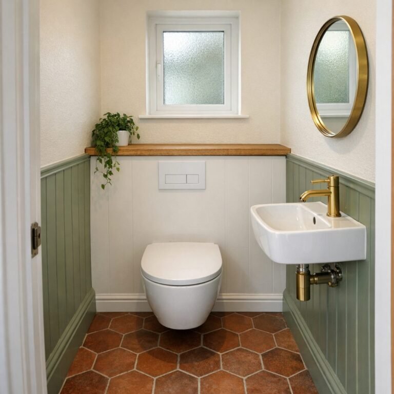 Small downstairs cloakroom with a white wall-hung toilet in front of a boxed-in cistern with a white oak shelf, a small wall-hung basin with a brass tap, a round brass mirror, sage green panelling, a frosted window and terracotta hexagon floor tiles