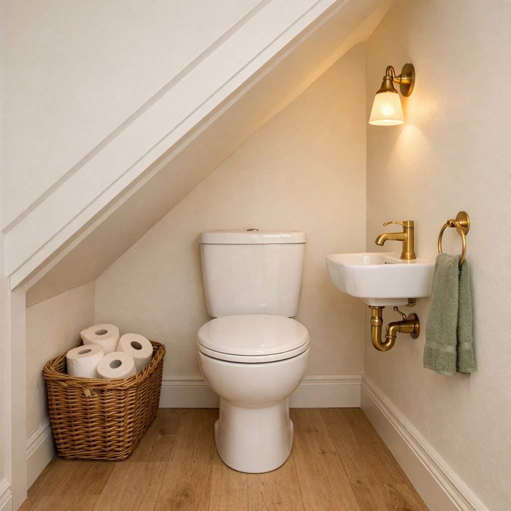 Small toilet built under a staircase with a sloping ceiling, a white close-coupled toilet, a tiny wall-hung basin with a brass tap, a wall light and a wicker basket of spare toilet rolls at the low end