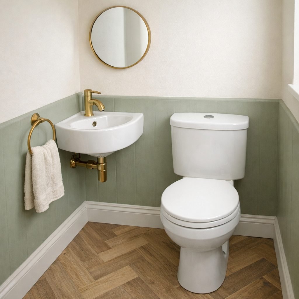 Very small cloakroom with a compact white corner basin and brass tap, a brass towel ring, a round mirror and a white close-coupled toilet beside it on a herringbone floor