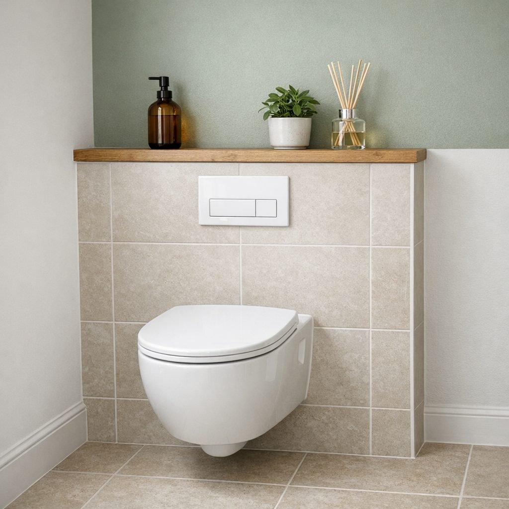 White wall-hung toilet fixed to a tiled boxed-in cistern with a flush plate on the front, a white oak ledge on top holding an amber glass soap pump, a small plant and a reed diffuser, and a sage green wall above