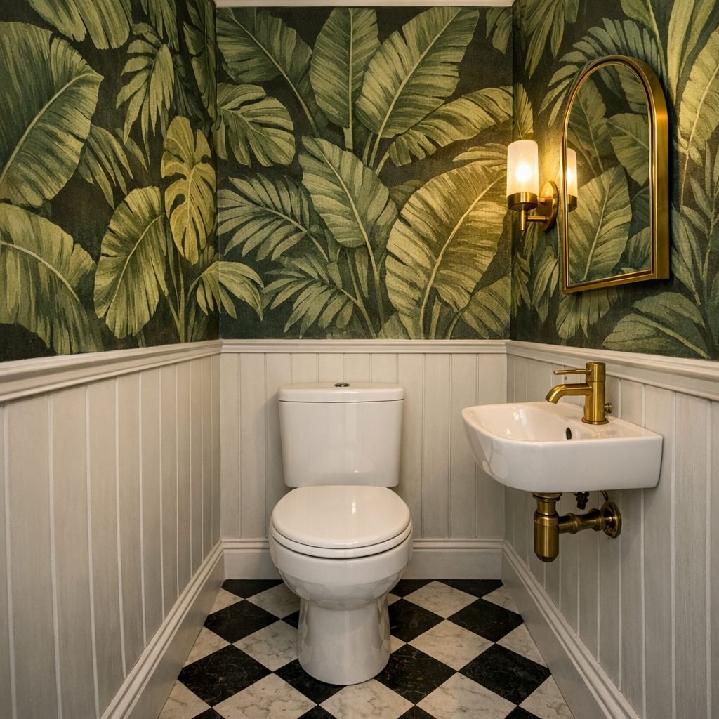 Quirky downstairs toilet with large green banana-leaf wallpaper above white panelling, a white close-coupled toilet, a small wall-hung basin with a brass tap, a brass arched mirror, a glowing wall light and a black and white chequerboard floor