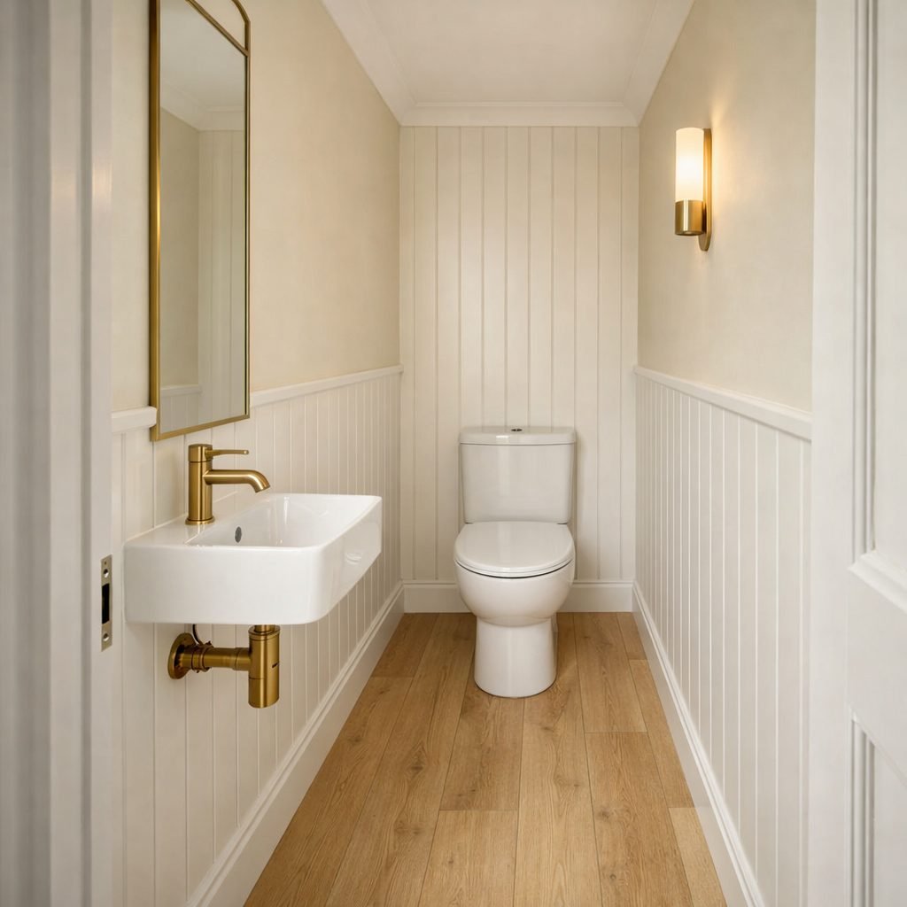 Long narrow cloakroom seen from the doorway with a slim wall-hung basin and tall mirror near the door, a white toilet at the far end, white vertical panelling and a pale wood floor running lengthwise