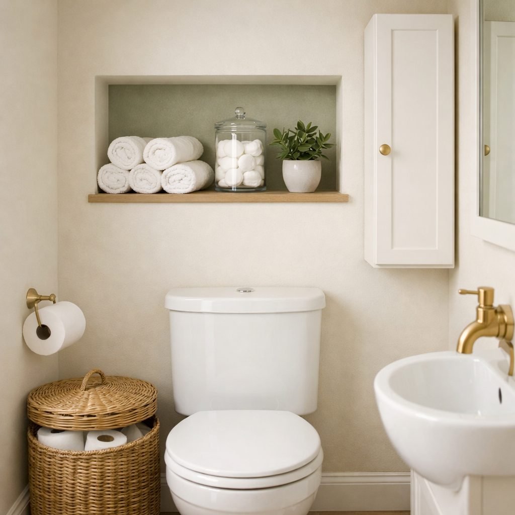 Small toilet room with a recessed wall niche above the toilet holding rolled towels, a glass jar and a plant, a slim white wall cabinet and a lidded wicker basket of spare toilet rolls
