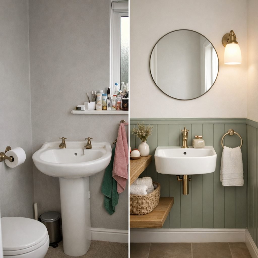 Very small downstairs toilet before and after: a cramped room with a pedestal basin and cluttered shelf on the left; the same room with a compact wall-hung basin, sage panelling, a round mirror and a wall light on the right