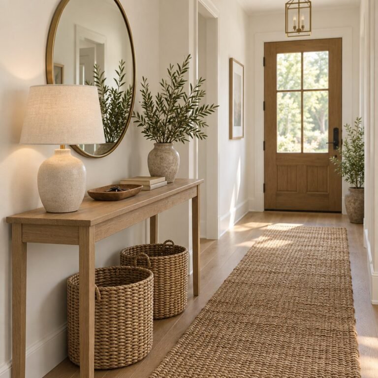 Entryway table decor in a bright hallway: a slim white oak console with a ceramic lamp, a stoneware vase of olive branches, a wooden key tray and two books, a round brass mirror above, two woven baskets underneath and a jute runner leading to the front door
