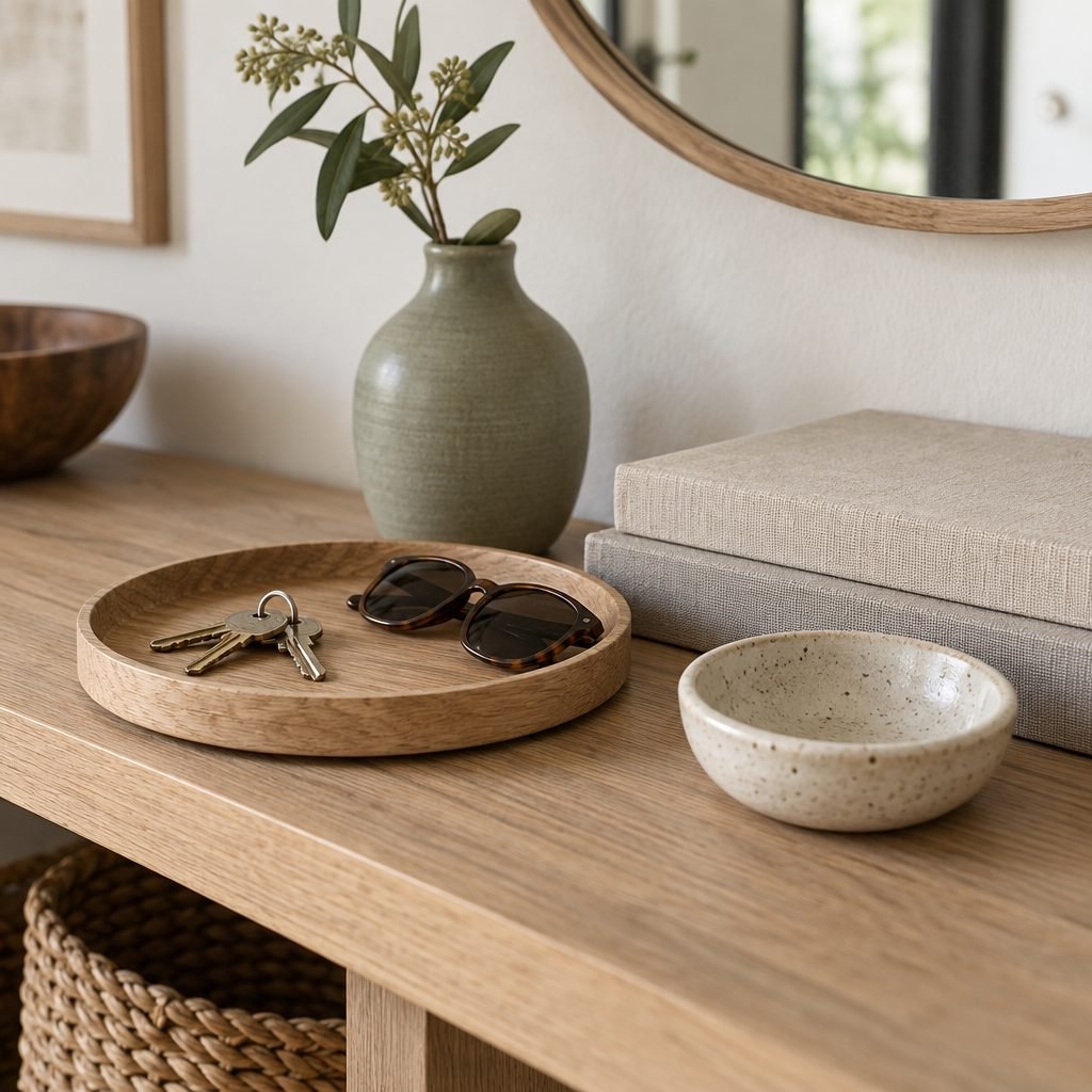 Close-up of an oak entryway table with a round wooden tray holding keys and sunglasses, a speckled ceramic catchall dish, two linen-covered books and a sage green vase with one eucalyptus stem below a round mirror