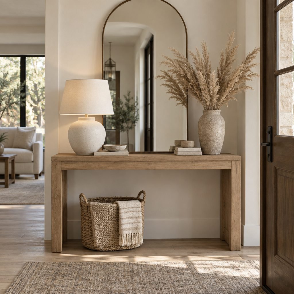 Oak console table by the front door styled with a tall arched mirror, a cream ceramic lamp on one side and a tall stone vase of dried pampas grass on the other, with small books and bowls between them and a woven basket with a throw underneath