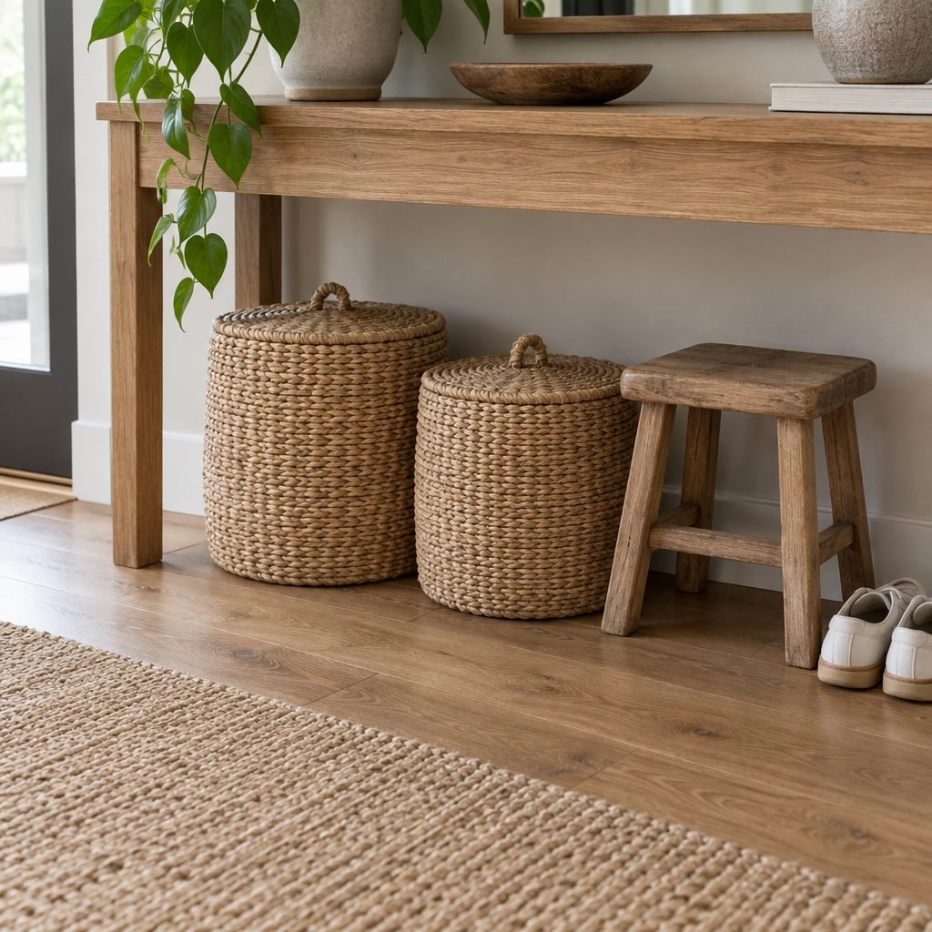 Two lidded woven baskets and a small wooden stool under an oak entryway table, with a pair of white sneakers beside the stool, a trailing plant above and a jute rug on the wood floor