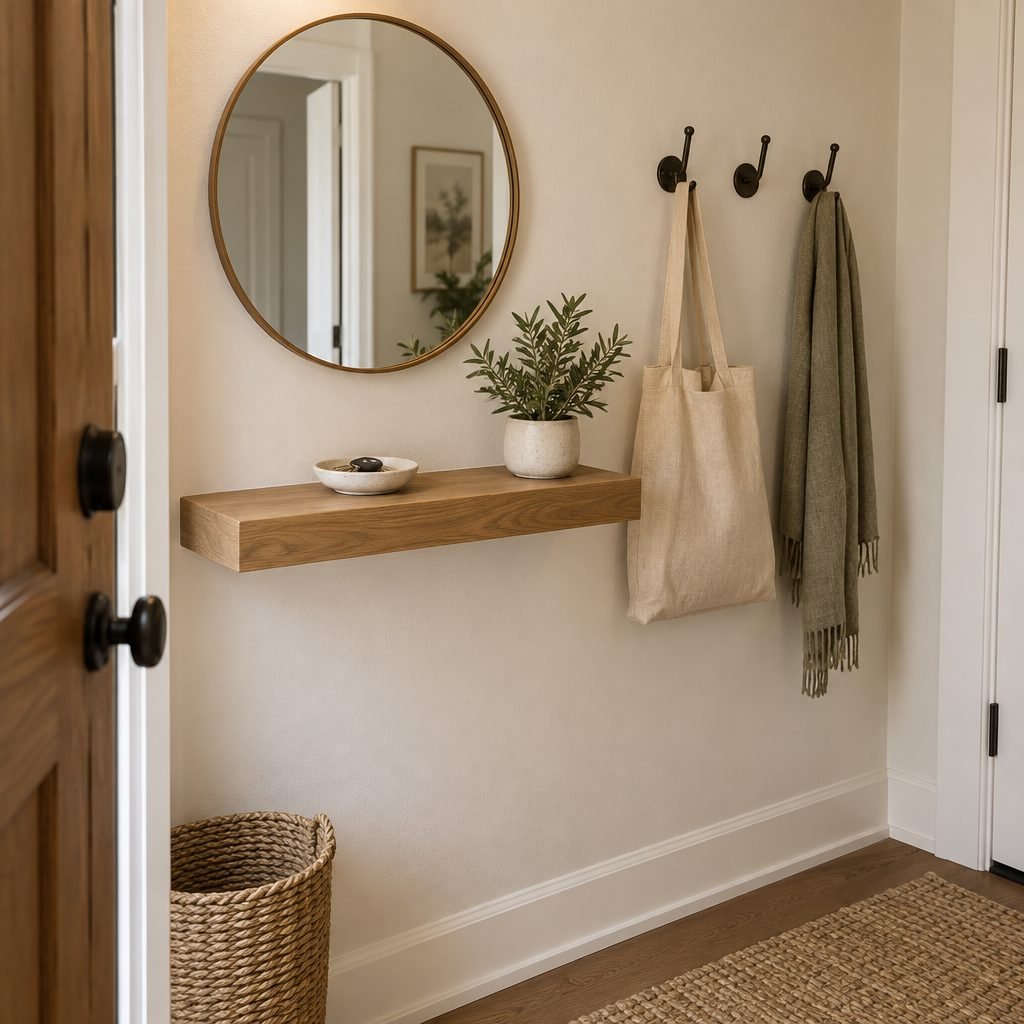 Small apartment entry with a floating oak shelf used as an entry table, holding a ceramic key dish and a small potted plant under a round mirror, three wall hooks with a canvas tote and a scarf, and a woven basket on the floor