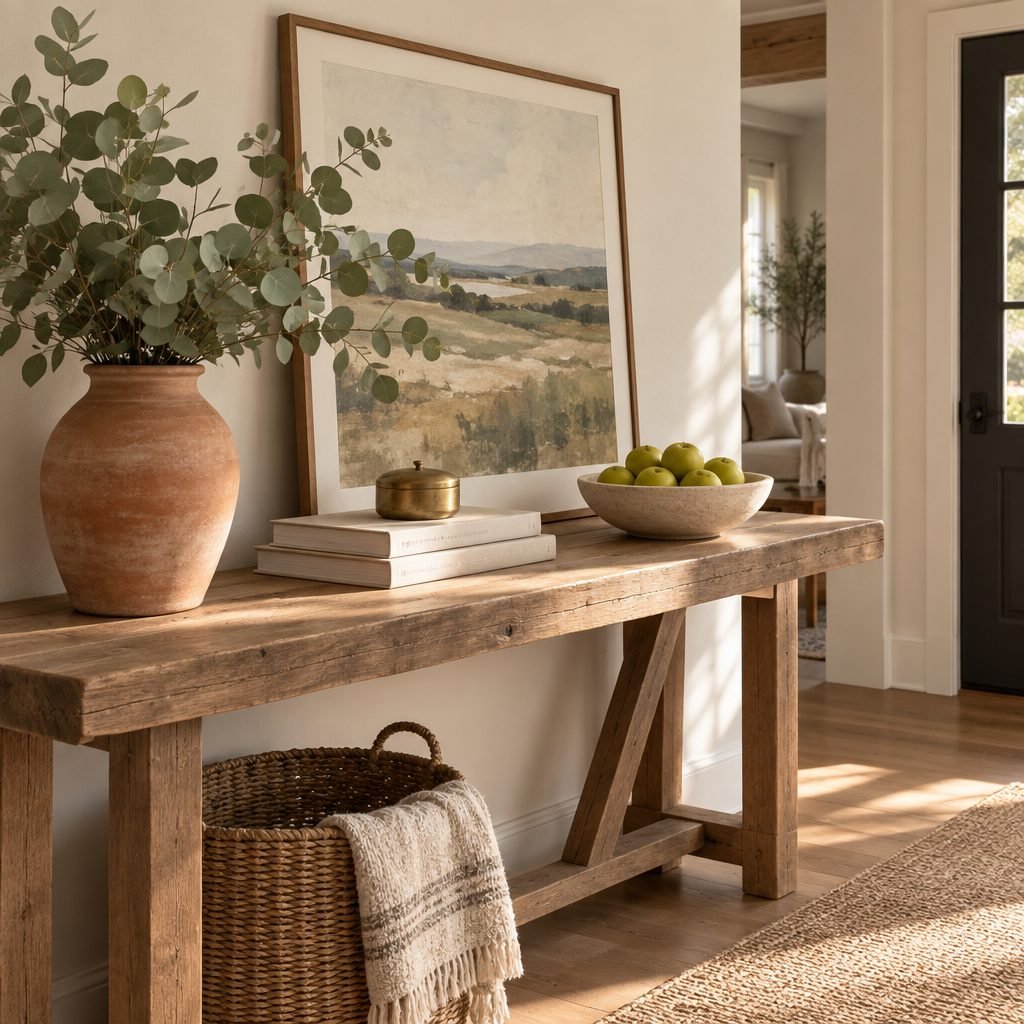 Rustic wood console with a large framed landscape print leaning on the wall, a terracotta vase of eucalyptus, two cream books topped with a small brass box and a stone bowl of green apples, with a woven basket and throw below