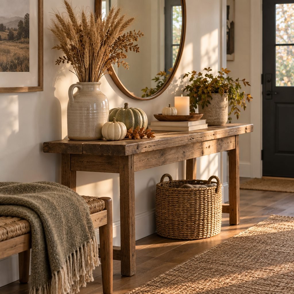 Fall entryway table decor on a rustic console: a stoneware jug of dried wheat, white and sage pumpkins, a flameless pillar candle on a wooden tray, a planter of autumn leaves and a round mirror, with a woven basket below and a wool throw on a bench