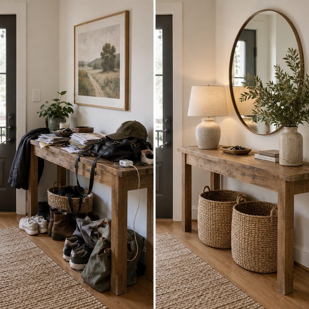 Entryway table before and after: mail, a bag, a cap and a charger piled on the table with shoes and bags heaped underneath, then the same table styled with a lamp, a round mirror, a vase of greenery, a key tray and two woven baskets underneath