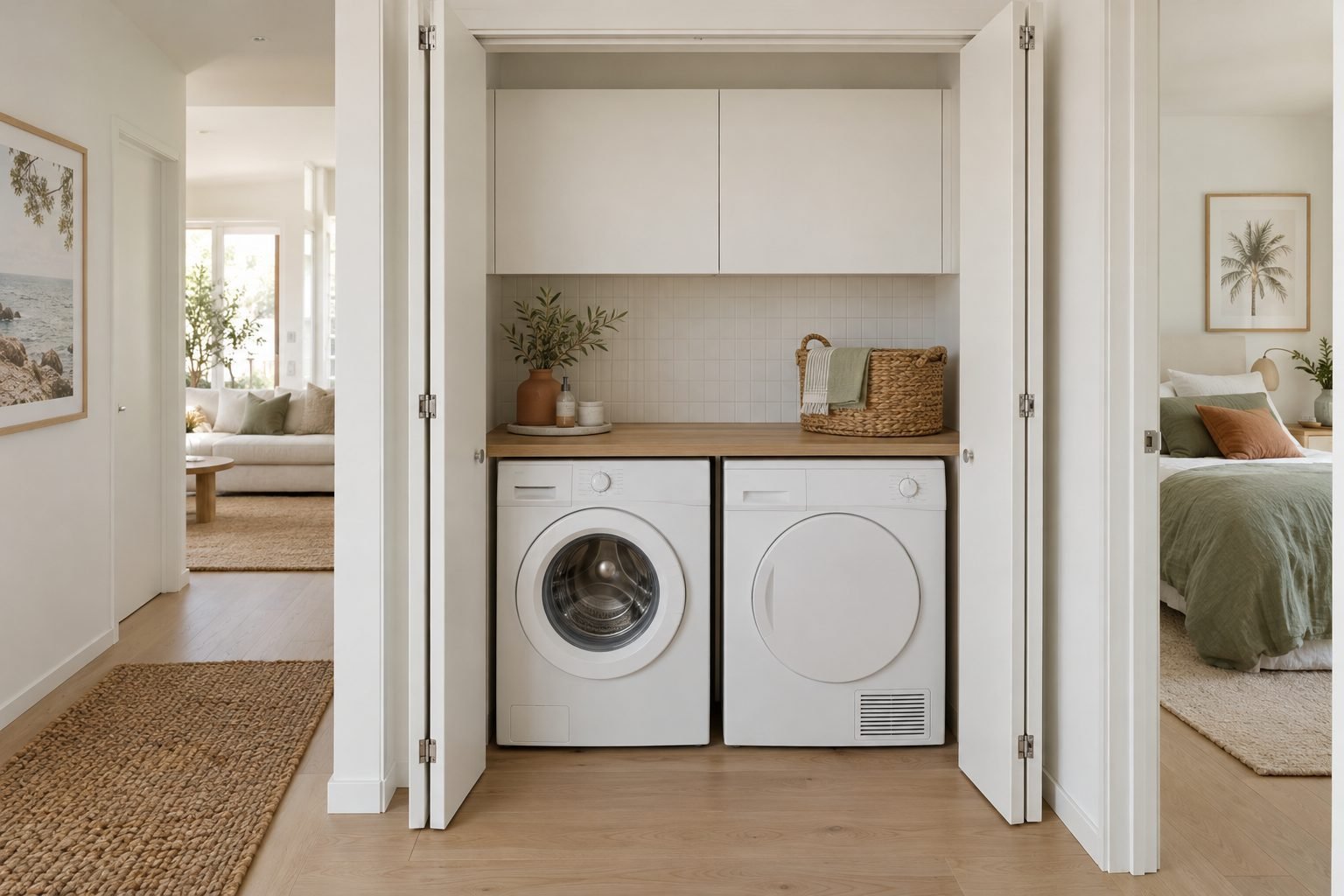 European laundry ideas: a hallway cupboard with white bifold doors open, a front loader and a heat pump dryer side by side under an oak benchtop with overhead cupboards
