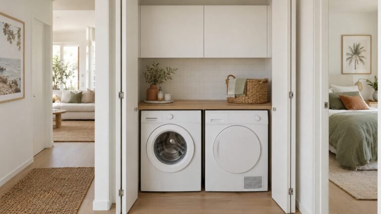 European laundry in a hallway cupboard with bifold doors open, washer and dryer side by side under a benchtop
