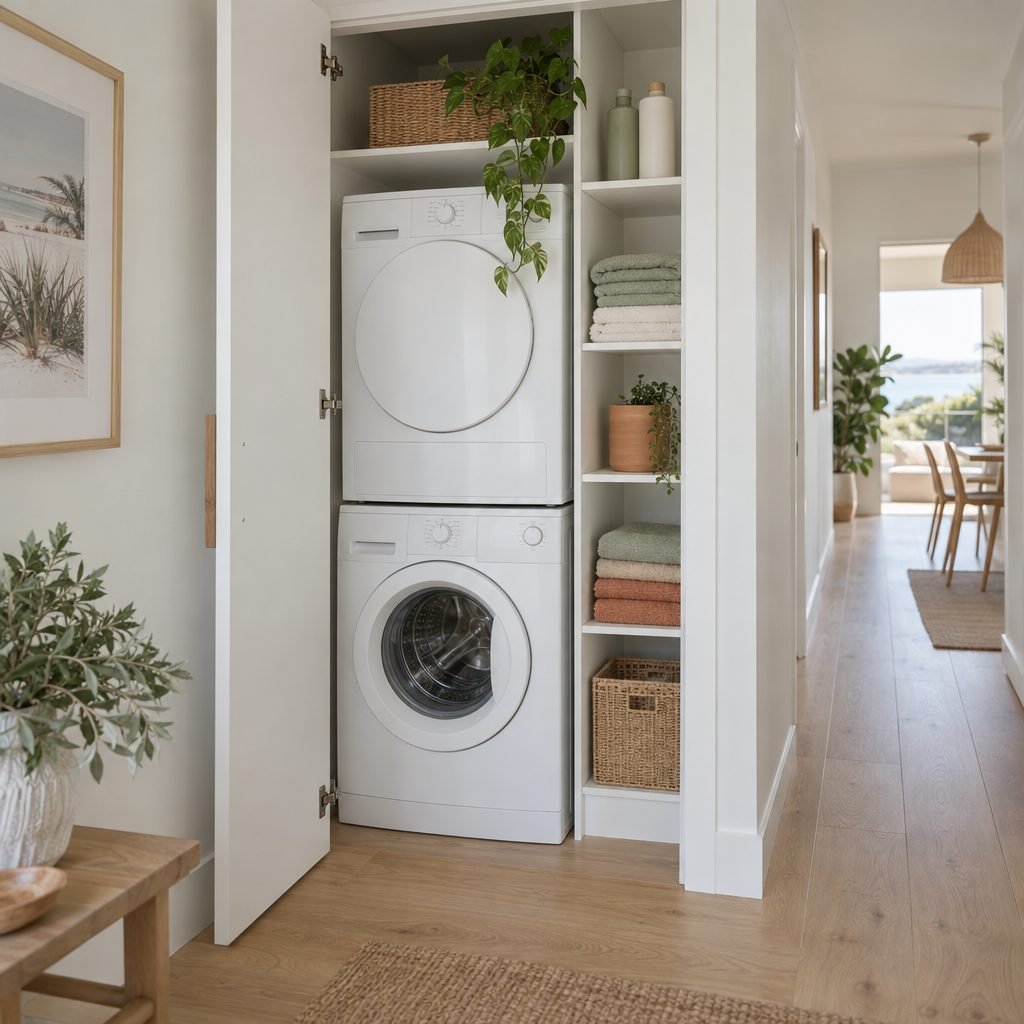 Narrow hallway cupboard with the door open showing a dryer stacked on a front-loading washer beside a column of open shelves with towels and baskets