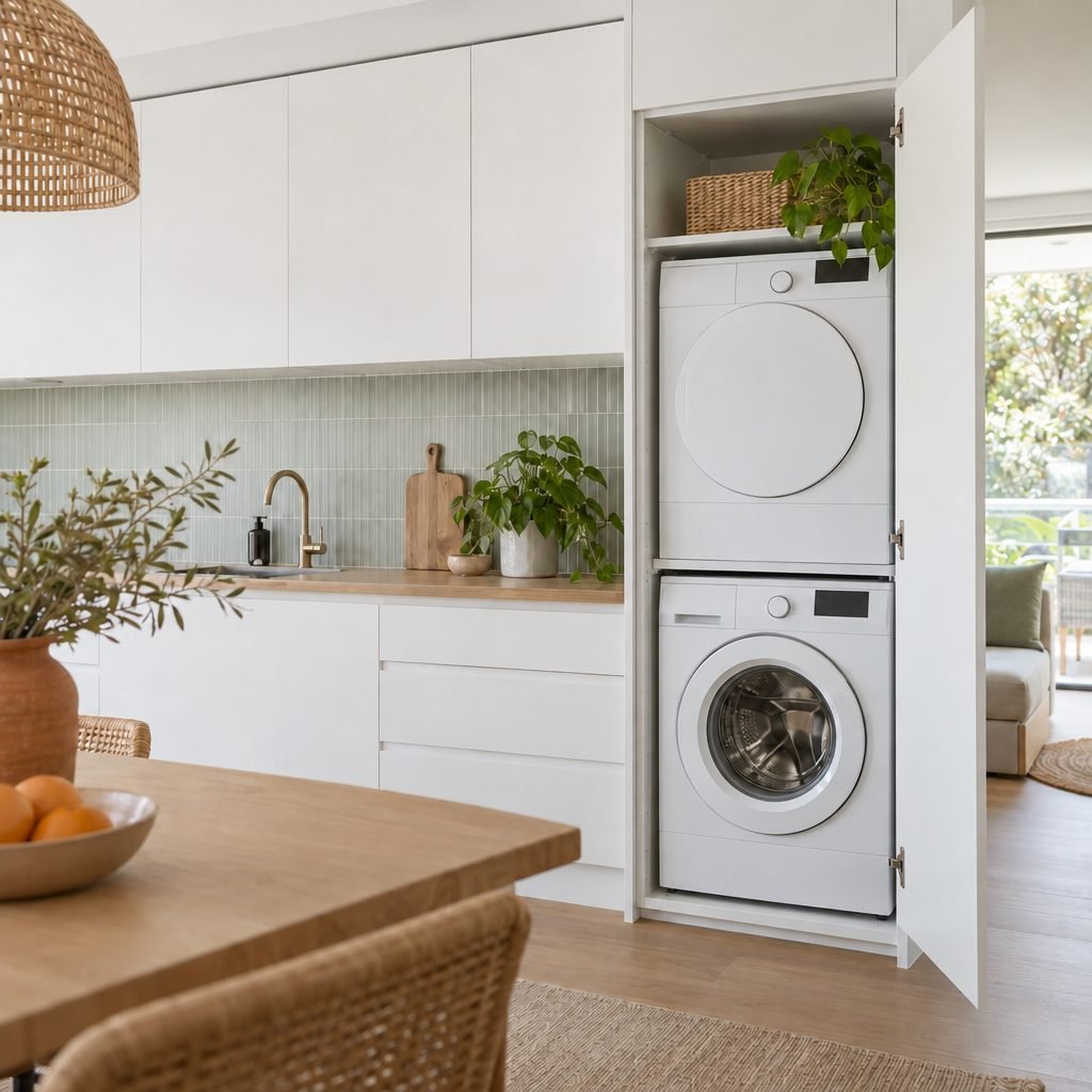 White handleless kitchen with a tall cupboard door open at the end of the run revealing a dryer stacked on a front-loading washer