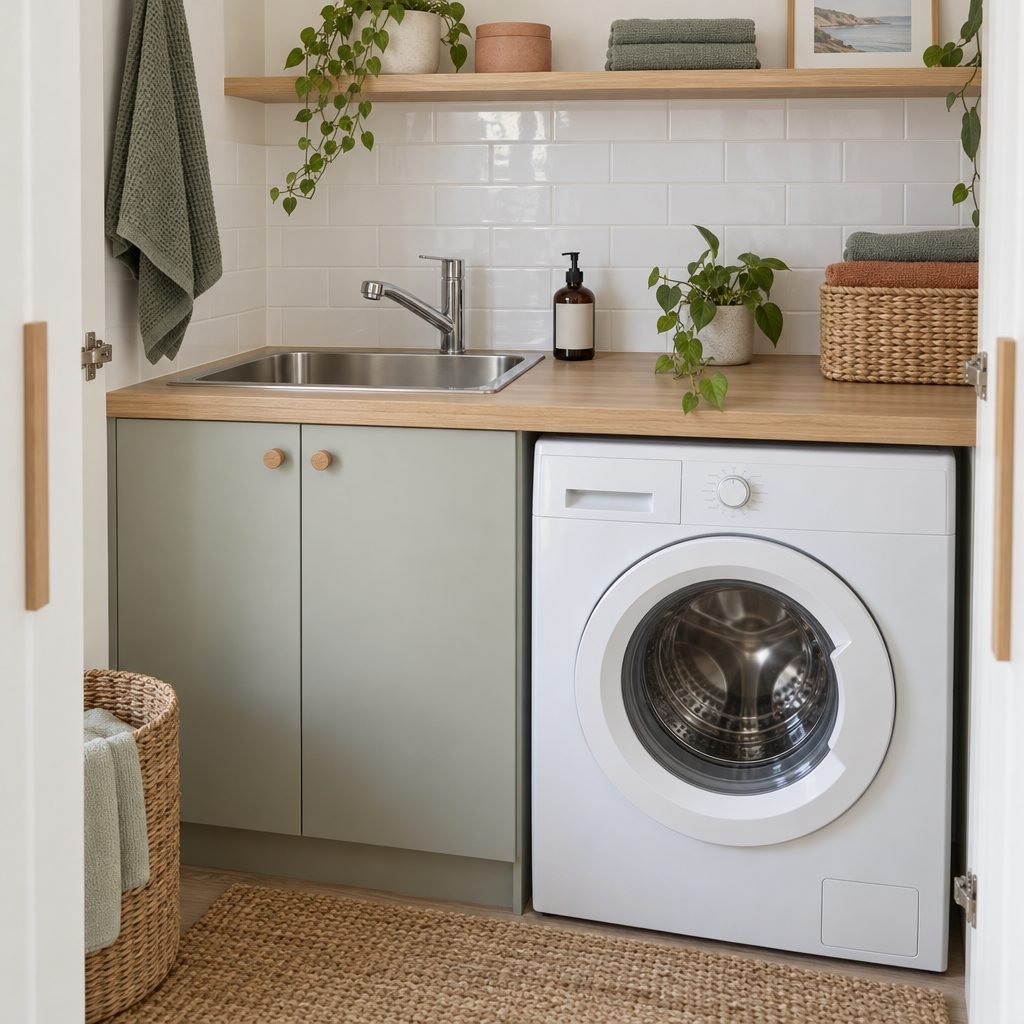 Compact stainless steel laundry tub set into an oak benchtop with a mixer tap, sage cupboards below and a front-loading washer beside it