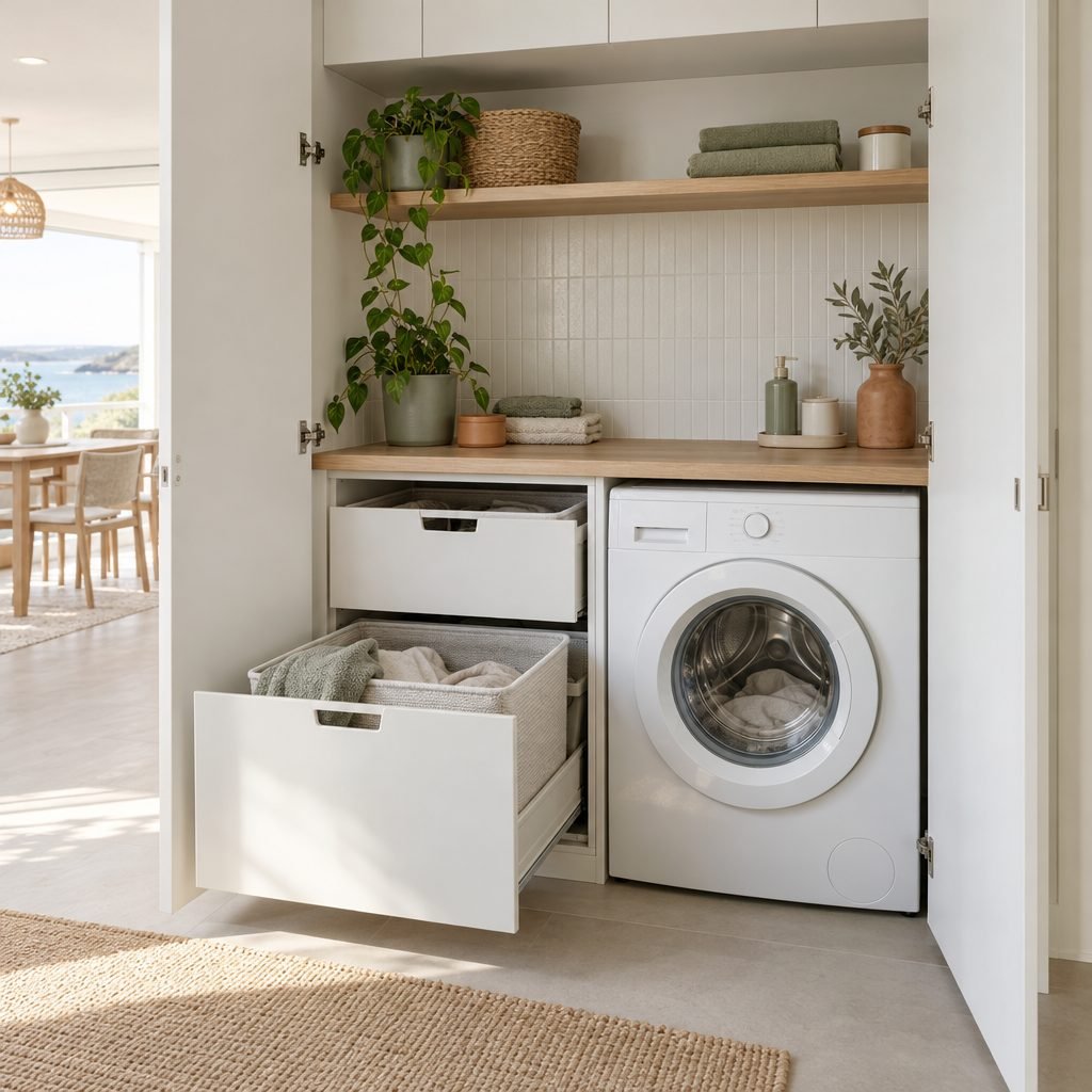 European laundry cupboard with two white pull-out drawers holding laundry hampers under an oak benchtop beside a front-loading washer