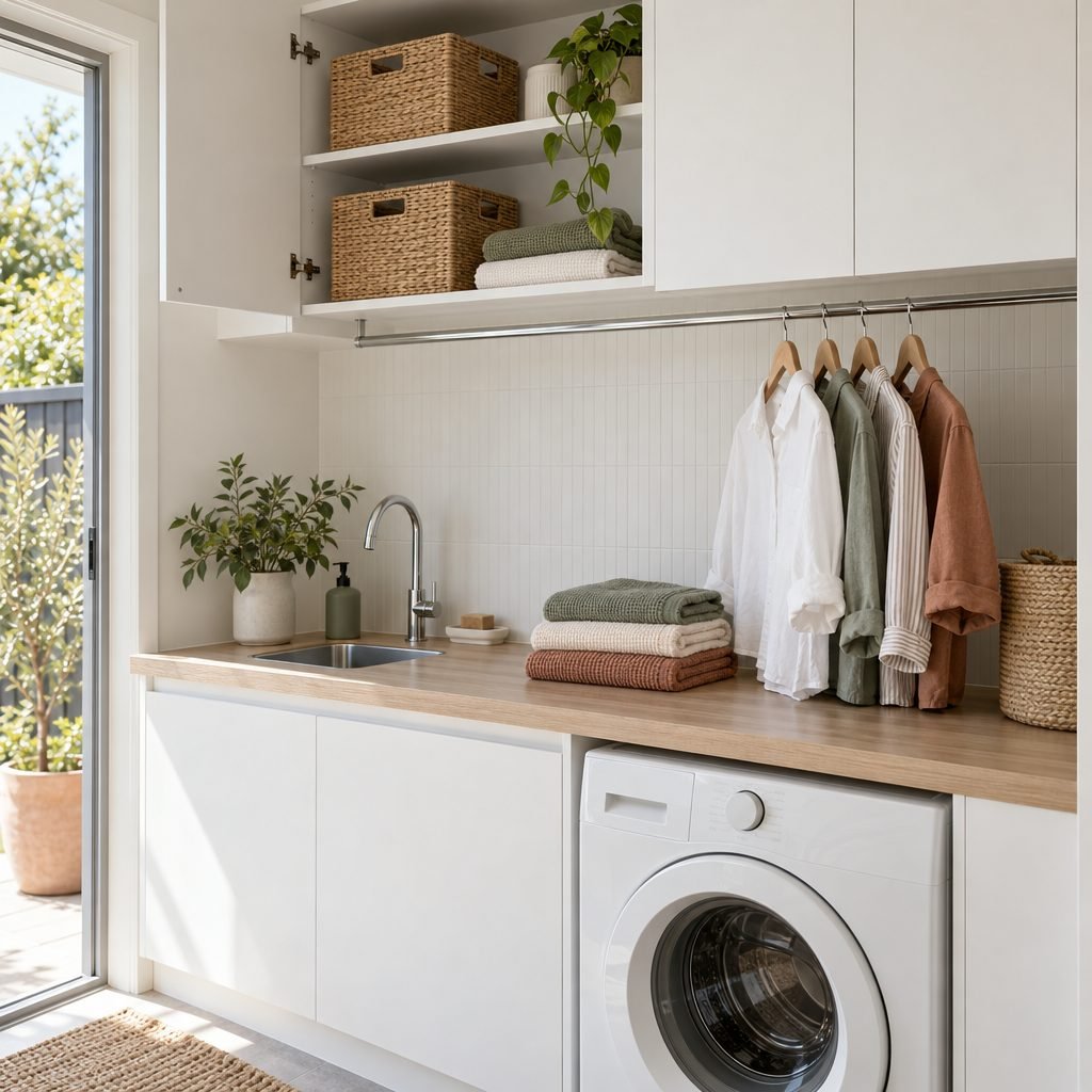 White overhead cupboards with woven baskets above a hanging rail with shirts on hangers, an oak benchtop with folded towels and a washer below